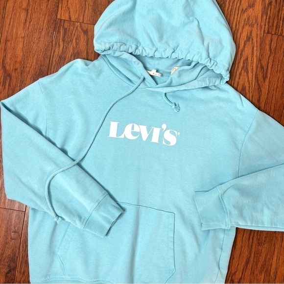 Levi’s Sky Blue Graphic Logo Pullover Knitted Hooded Sweatshirt Size Medium - Picture 15 of 16